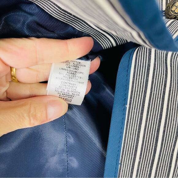 BCBG white blue stripe coastal preppy linen button blazer jacket medium - Picture 7 of 8